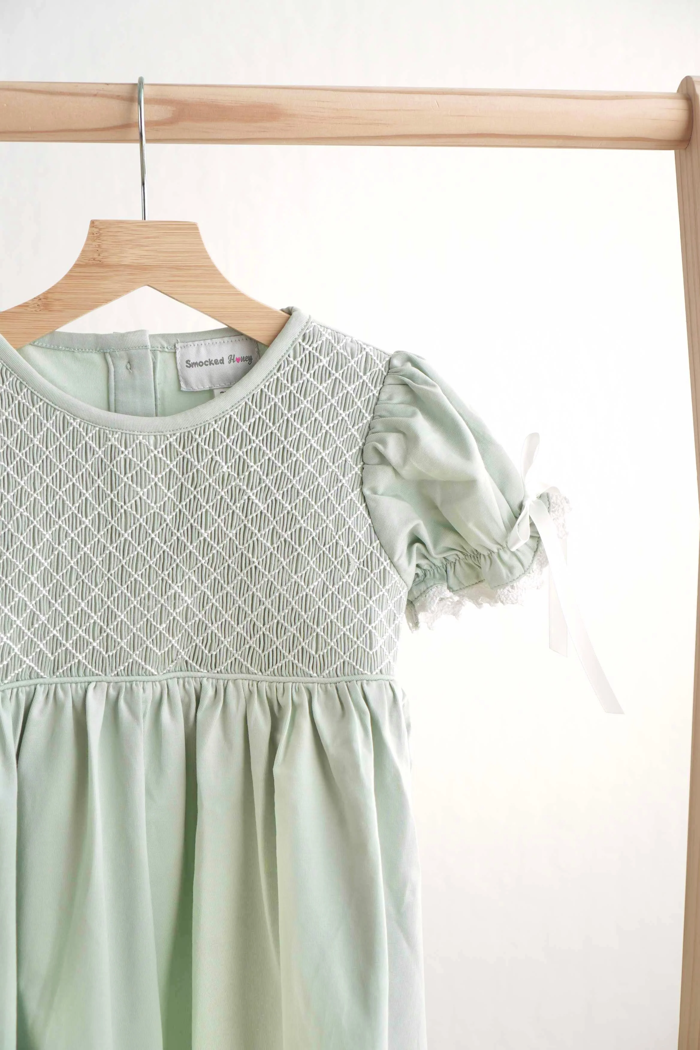 Sage hand-smocked lace girl dress - Image 3