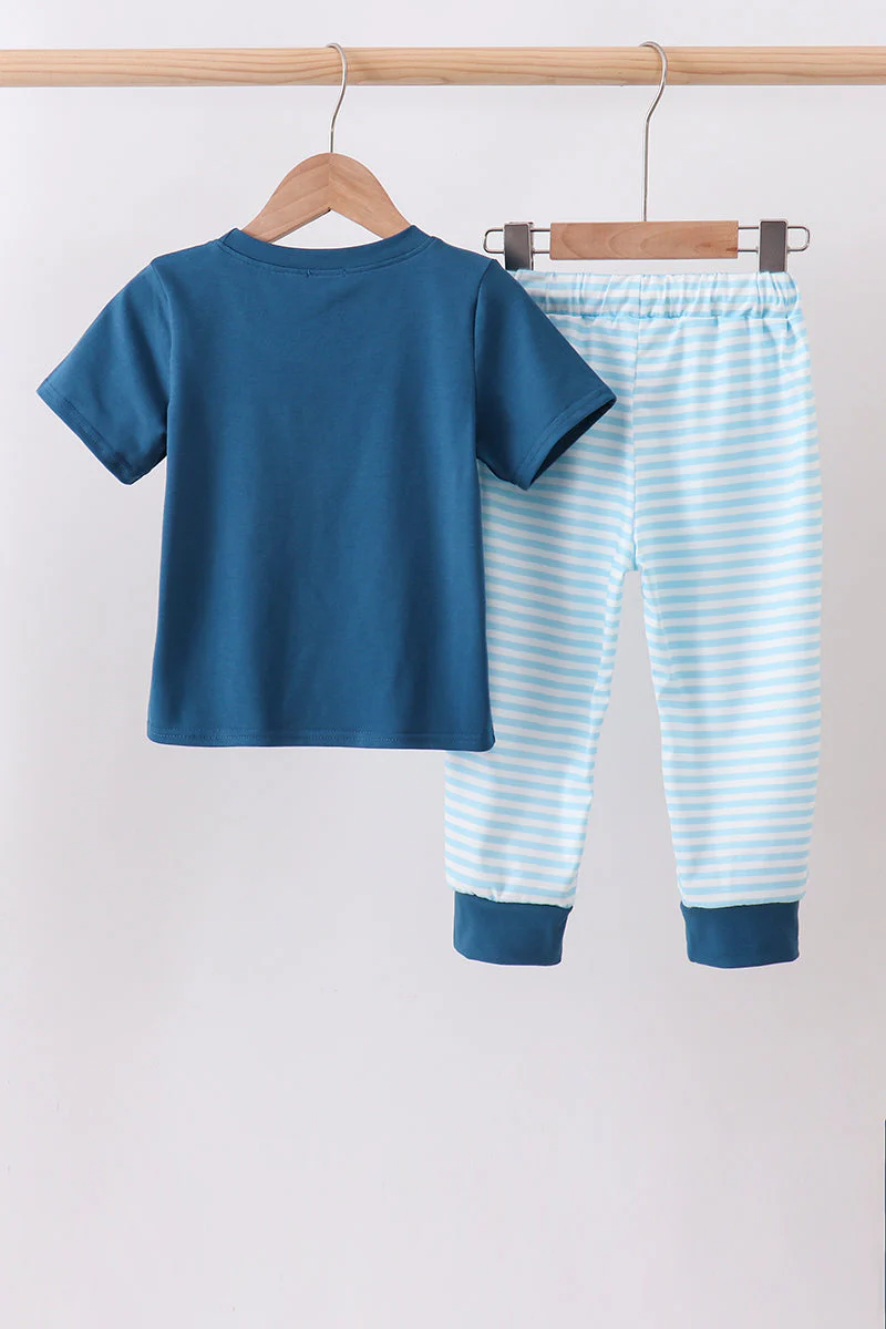 Teal Apple Embroidered Stripe Pants Set - Image 4