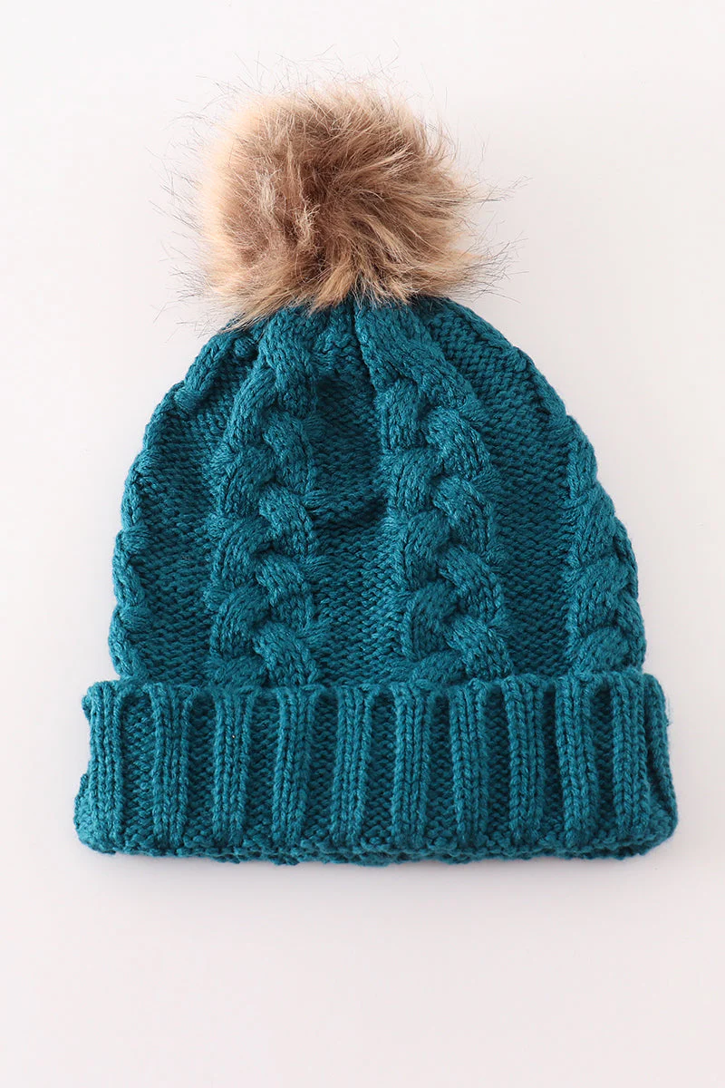Teal pompom cable beanie hat - Image 4