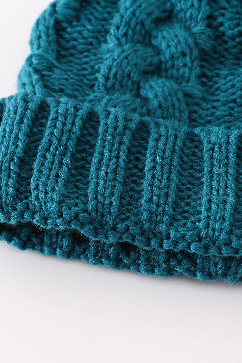 Teal pompom cable beanie hat - Image 6