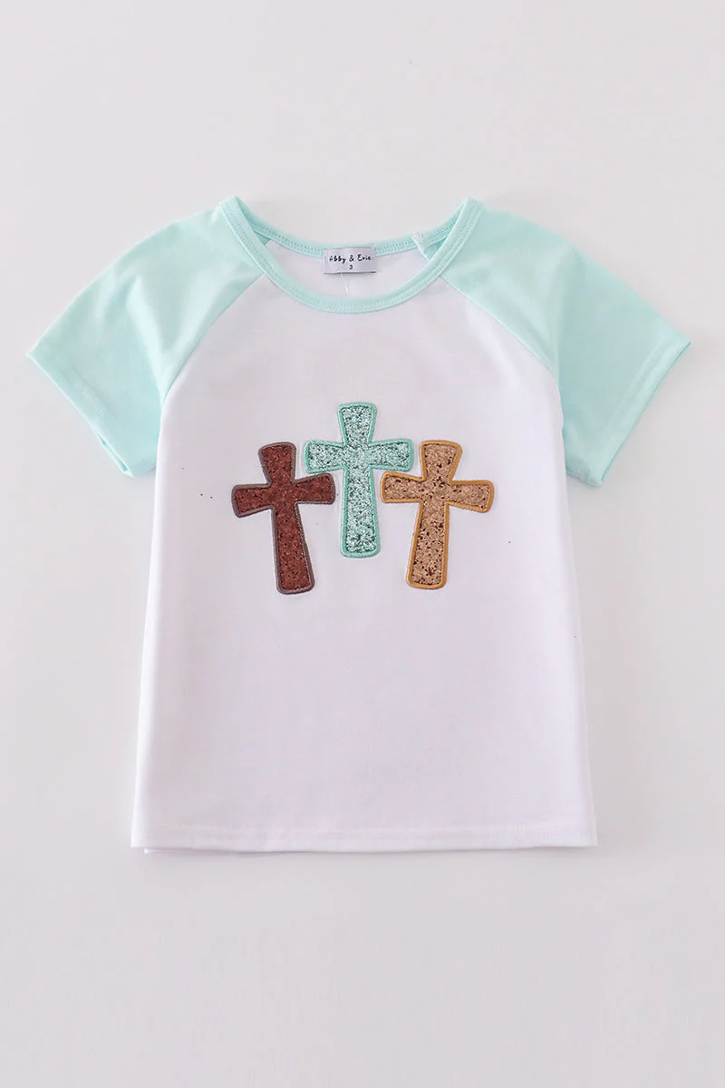 White cross he is risen glitter embroidery mom&me top - Image 2