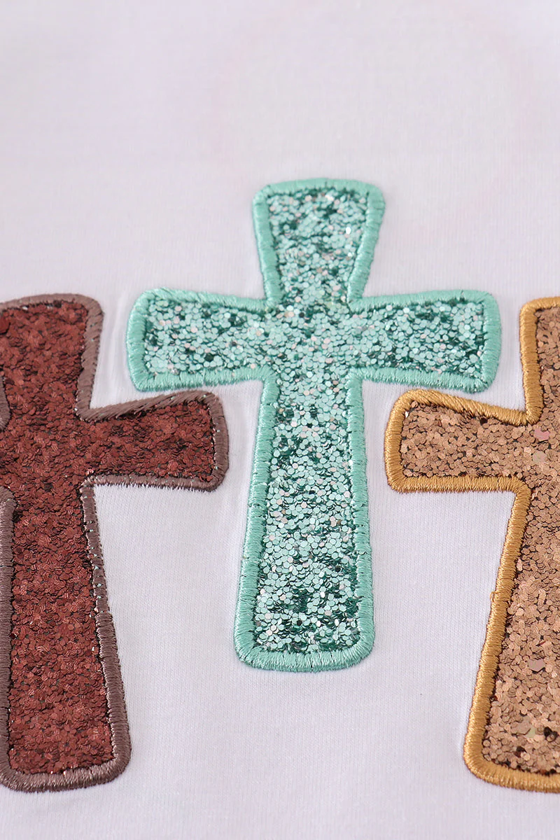 White cross he is risen glitter embroidery mom&me top - Image 4