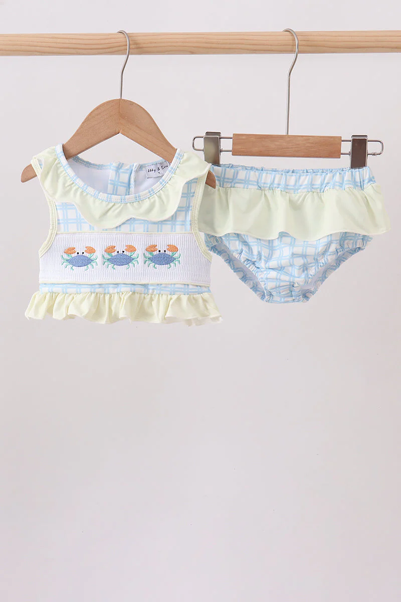 Yellow crab smocked ruffle 2pc swimsuit